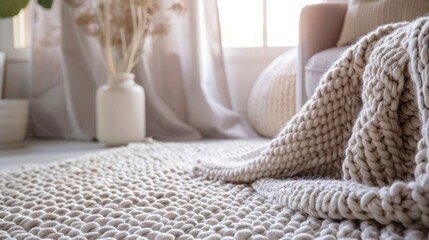 A cozy reading nook with a plush gy woven rug in soft pastel colors creating a comfortable and inviting space for relaxation.