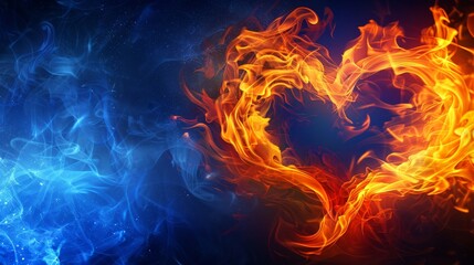 Fototapeta premium Minimalist fire heart design on dark blue background with empty space banner concept