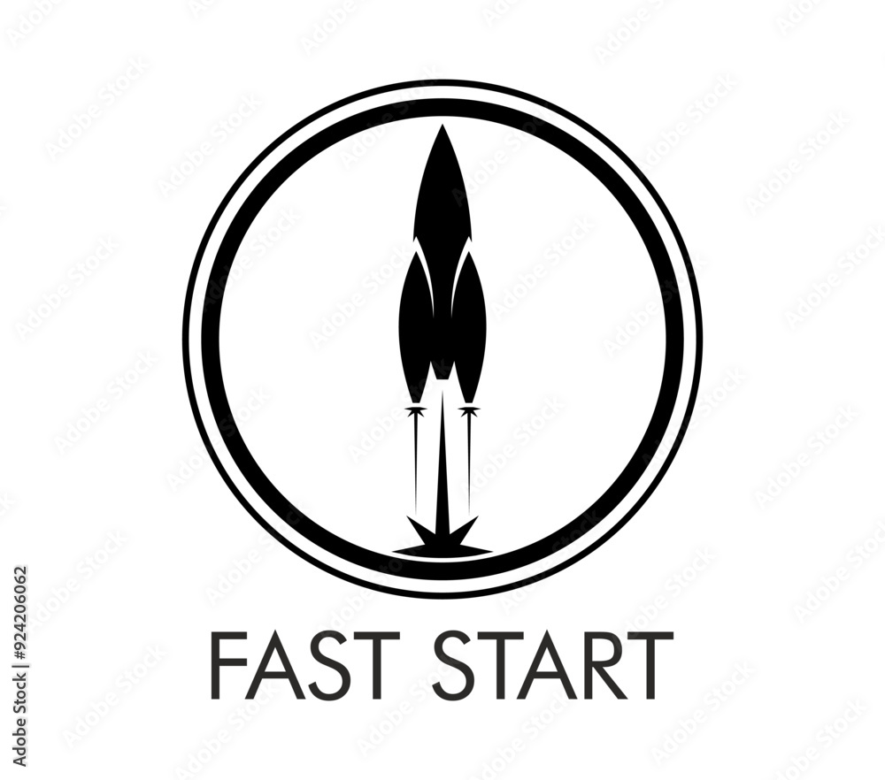 Poster Spaceship icon with space rocket start launch for business and technology, vector emblem. Spaceship on fast start icon for start up project or creative idea and futuristic science innovation sign