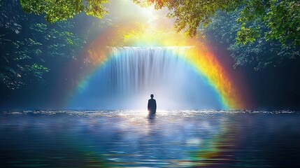   A man standing before a waterfall with a rainbow in the sky and one emanating from the water