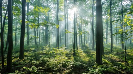 Obraz premium Sunbeams Through a Misty Forest