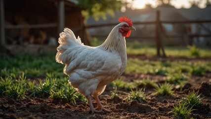 Stunning chicken posing in a rustic farmyard setting