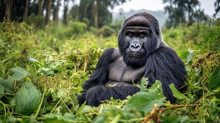 Naklejka premium A mountain gorilla sits among lush green foliage in a dense rainforest, its eyes staring intently forward.