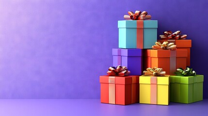  A vibrant array of colored present boxes, adorned with ribbons and bows, arranged atop a purple backdrop