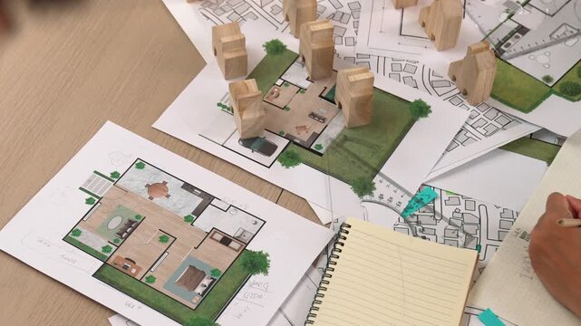 Architect and engineer consider or discuss about building construction using blueprint on table with architectural document, measurement tool and wooden block scatter around at office. Delineation.