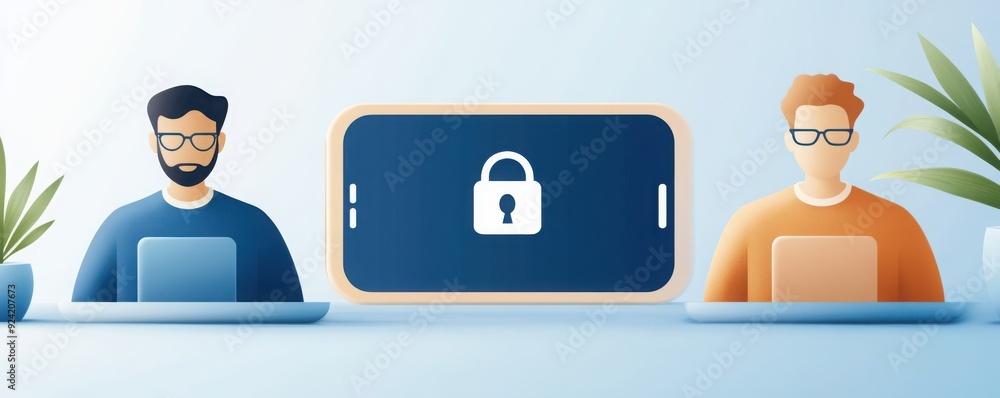 Poster two individuals working on laptops, focused on online security with a smartphone displaying a padloc