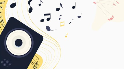 Obraz premium a minimalist flat 2D vector style speaker on the left side of a widescreen canvas, with a few simple geometric music notes emerging from it and floating across to the right, generative ai