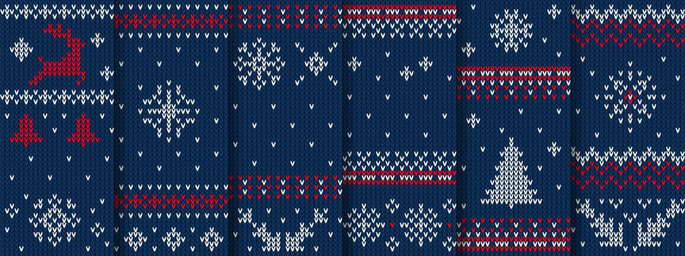 Fototapeta Blue Christmas knit patterns, sweater texture. Vector seamless knitted backgrounds with xmas or new year winter scandinavian ornaments. Holiday festive crochet in traditional red, white or blue colors