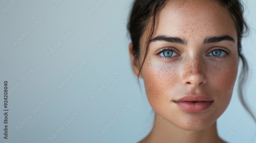 Wall mural close-up portrait of a young woman with freckles