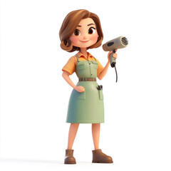 3D cartoon, a female hairdresser uniform profession. on a solid white background