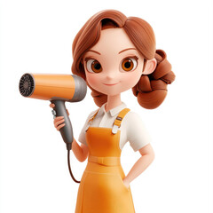 3D cartoon, a female hairdresser uniform profession. on a solid white background