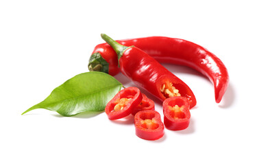 Cut chili peppers on white background
