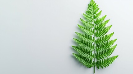   A green fern leaf rests atop a white table, beside a green vase housing a plant