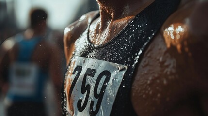 A close-up of a sweat-soaked marathon bib reflects endurance and resilience in the runner's journey.