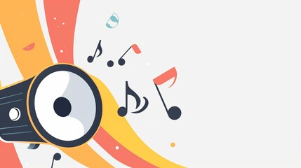 a minimalist flat 2D vector style speaker on the left side of a widescreen canvas, with a few simple geometric music notes emerging from it and floating across to the right, generative ai