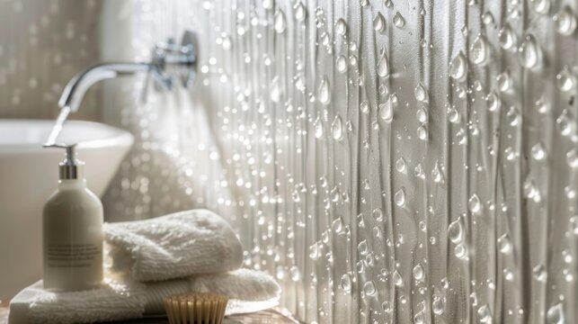 Fototapeta Add a touch of glamour to your bathroom with a textured accent wall covered in pearl white wallpaper reminiscent of cascading rain droplets.