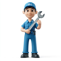 3D cartoon, a male mechanic service uniform profession. on a solid white background