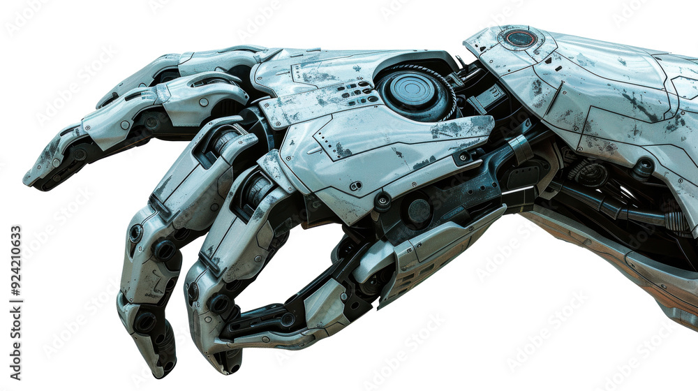 Poster futuristic robotic hand with mechanical design isolated on transparent background