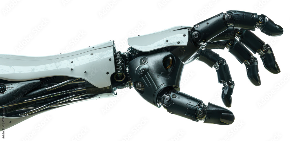Poster futuristic robotic hand with mechanical design isolated on transparent background