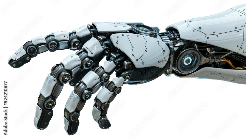 Poster futuristic robotic hand with mechanical design isolated on transparent background