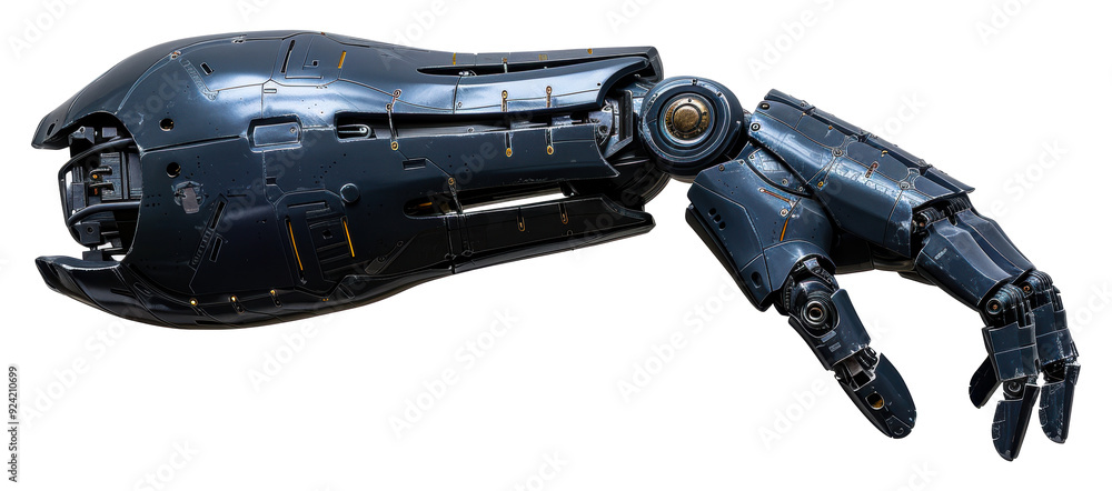 Poster futuristic robotic hand with mechanical design isolated on transparent background