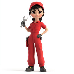 3D cartoon, a female mechanic service uniform profession. on a solid white background