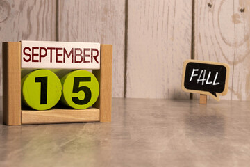 September 15 calendar date text on wooden blocks with copy space for ideas or text.