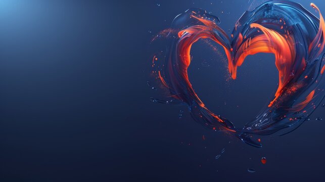 Minimalist fire heart design on dark blue background, banner with spacious empty area for text