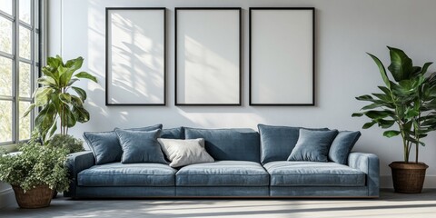 Fototapeta premium Sleek White Living Room with Minimalist Framed Wall, Blank Canvas, Sofa, and Pillows: An Ode to Modern Simplicity and Aesthetic Space.