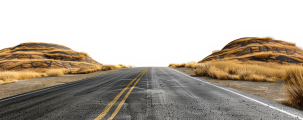 Straight road through desert landscape with dunes isolated on transparent background