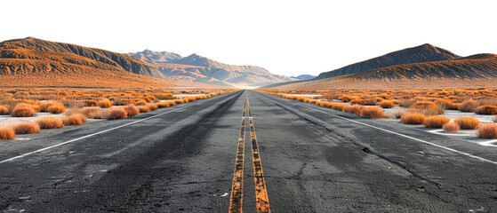 Desert highway stretching through arid mountains isolated on transparent background