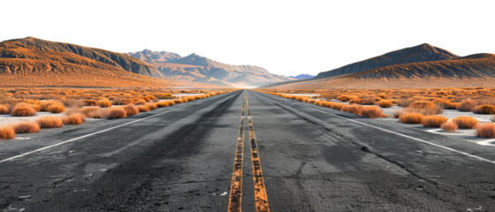 Desert highway stretching through arid mountains isolated on transparent background