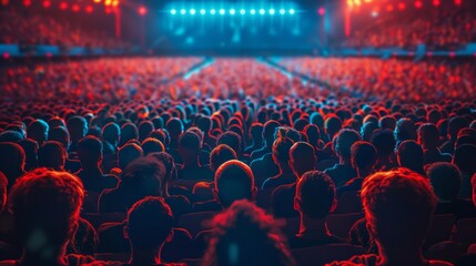 Crowd of diverse concertgoers enjoying live music performance, illuminated by colorful stage lights, energetic atmosphere fills arena, excitement and anticipation palpable among audience members.