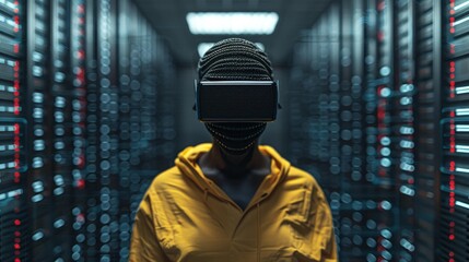 Young Black woman wearing VR headset stands confidently in server room, surrounded by high-tech equipment, exploring virtual reality possibilities, immersed in digital experience.