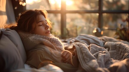 Young woman relaxes in cozy bed, enjoying peaceful moments at sunrise, soft light filters through window, wrapped in warm blankets, serene atmosphere promotes tranquility and rest.