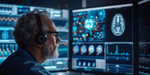 Senior Caucasian man with glasses wears headphones, focused on monitor displaying brain scans and data analysis, working in high-tech lab, studying neurological patterns and research findings.