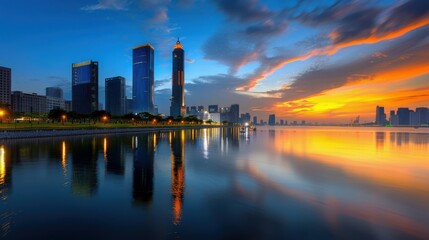 Fototapeta premium Cityscape Sunrise Reflection