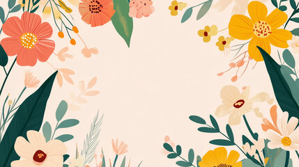 Obraz premium 手書き風フラットデザインの花と葉をフレームのように描いたAI生成画像