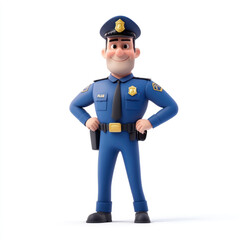 3D cartoon, a male police in a blue uniform profession. on a solid white background