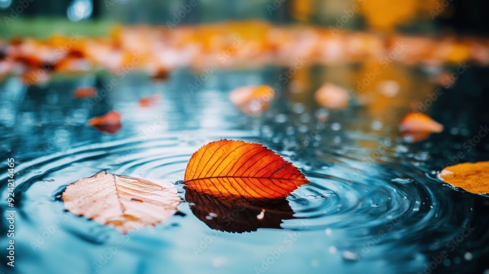 Sticker a leaf floating in a puddle of water with other leaves on the ground, ai