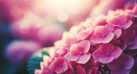 Obraz premium Charming Dreamy Background of Pink Hydrangea Flowers with Blurred Copy Space - Perfect for Wedding Cards, Wallpapers, or Posters