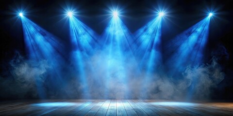Blue spotlights shining on an empty stage against a smokey black background, night, falls, stage, spotlights, blue, empty