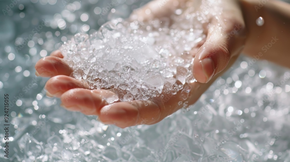 Poster closeup of a persons hand gently breaking the surface of the ice bath a symbol of the gentle and min