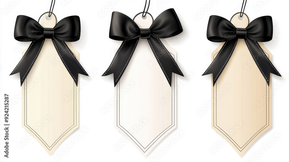 Poster Three tags with black bows on them and a white background, AI