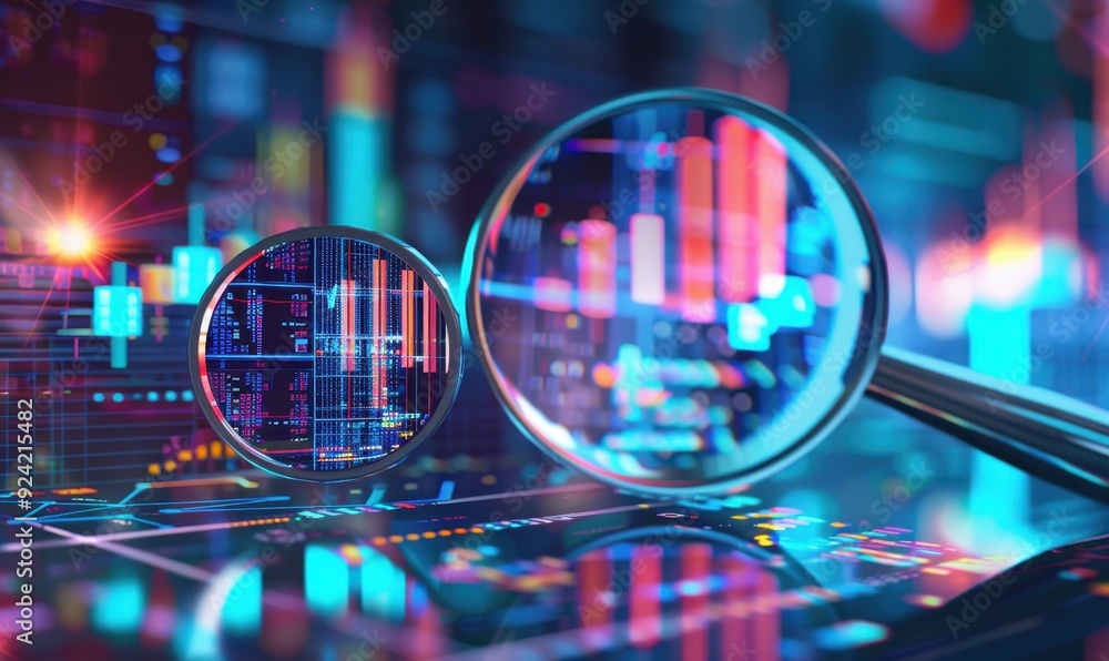 Poster magnifying glass examining data on a screen with financial charts and graphs