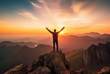 Fototapeta premium A lone hiker with arms outstretched on a mountain peak at sunset