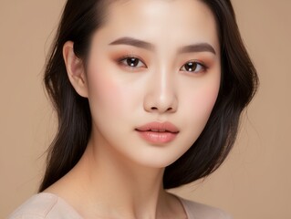 Naklejka premium Close-up Portrait of a Young Woman with Smooth Skin and Natural Makeup