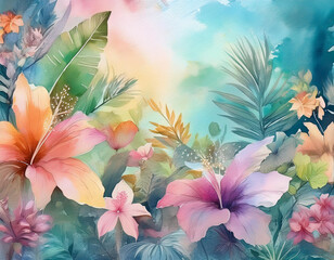 A painterly background with tropical flowers