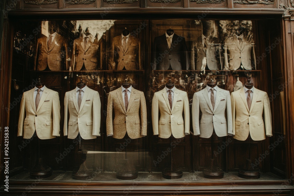Poster an elegant display of tailored white suits in a luxury clothing store window emphasizing high end fa