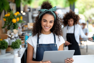Young woman smiling at a café with a tablet outdoors